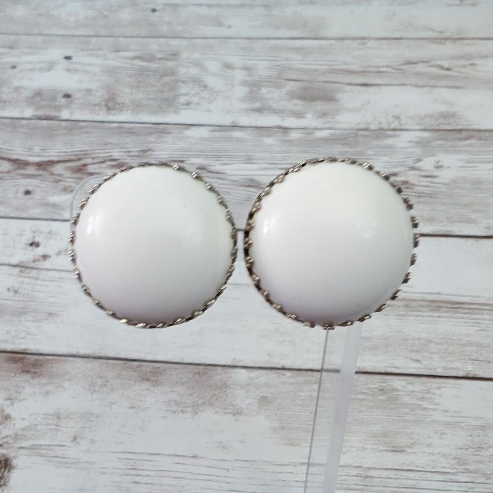 Vintage Clip On Earrings Large Cream Domed with Gold Tone Halo 1 & 1/8"